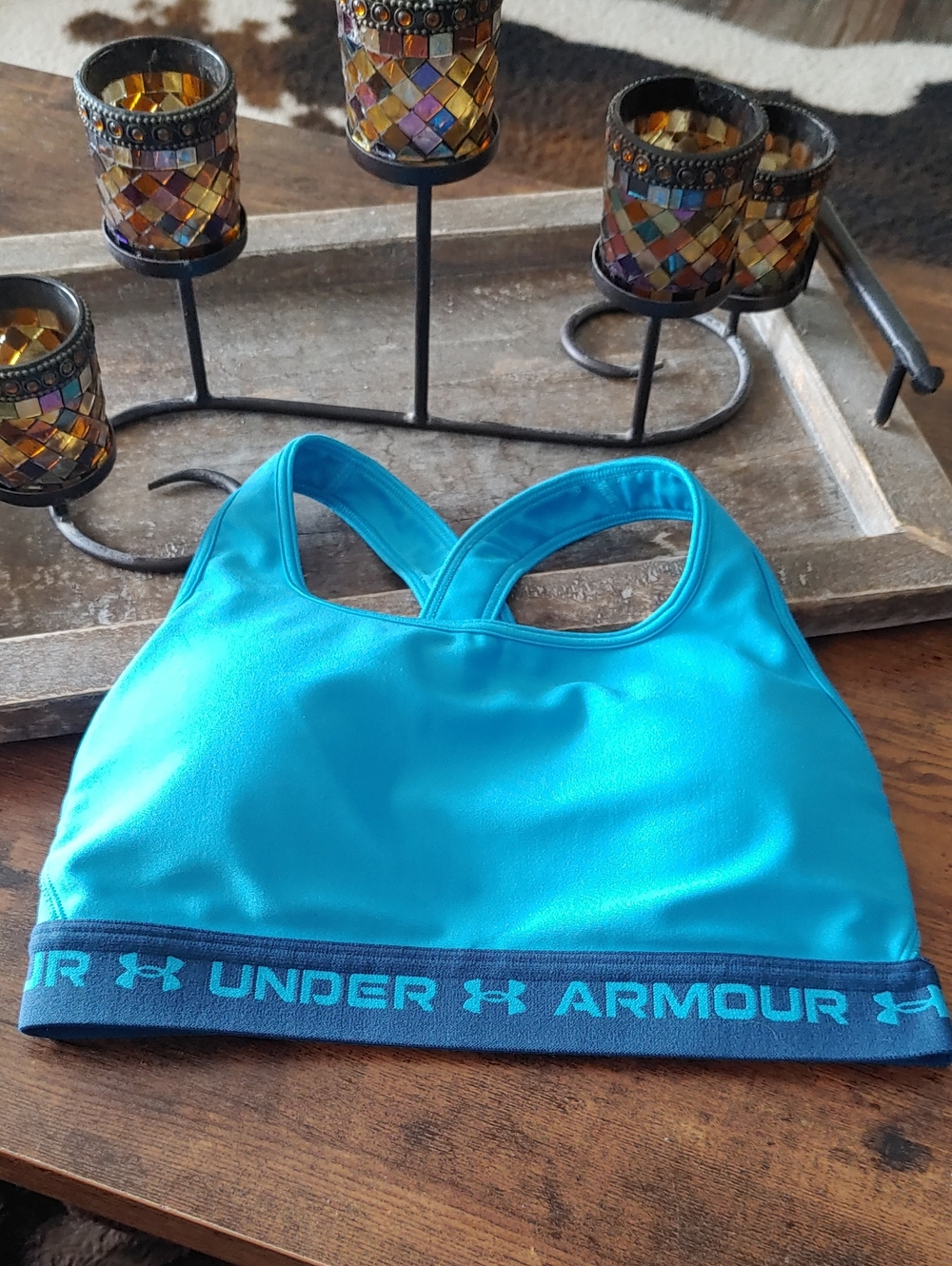 NWOT Under Armour medium Blue Cross Strap Back Padded Sports Bra